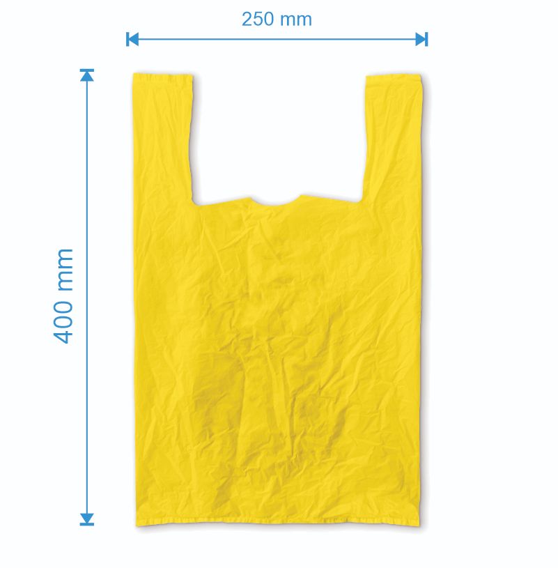 Sacosa maieu 250mm x 400mm - 50 microni grosime, cu pliuri de 60mm, reciclat, culoarea galbenă